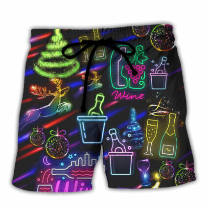Wine Christmas Neon Art Drinking - Beach Short - Owl Ohh - Owl Ohh