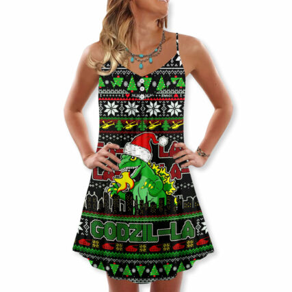 Christmas Godzila Falalalala Xmas - V-neck Sleeveless Cami Dress - Owl Ohh - Owl Ohh