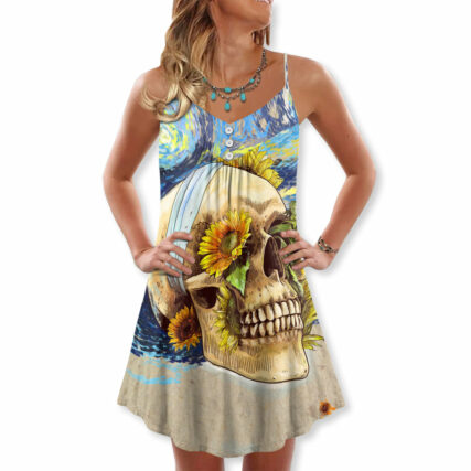 Skull And Sunflower Vintage Amazing Starry Night - V-neck Sleeveless Cami Dress - Owl Ohh - Owl Ohh
