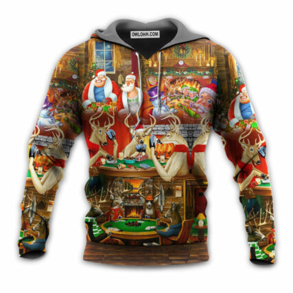 Christmas Poker Gambling Santa And Friends Play Poker - Hoodie - Owl Ohh - Owl Ohh