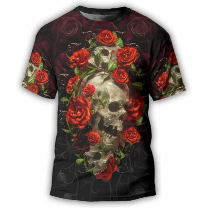 Skull And Roses Art - Round Neck T-shirt - Owl Ohh - Owl Ohh