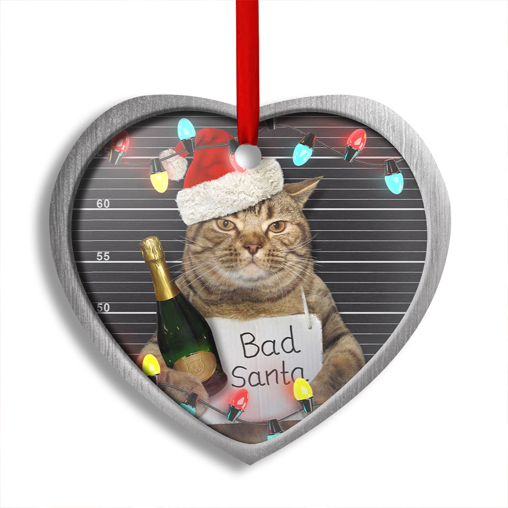 Christmas Cat Bad Santa Champagne And Santa Hat - Heart Ornament - Owl Ohh - Owl Ohh