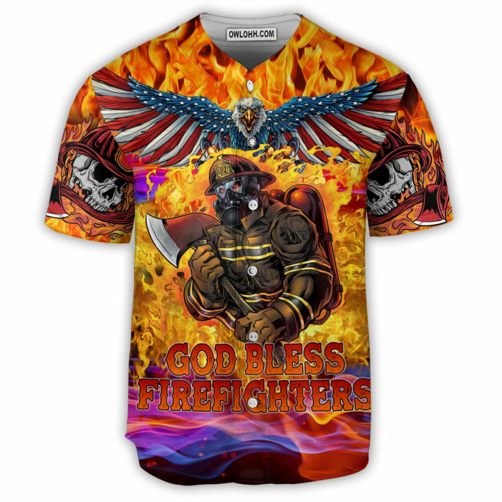 Firefighter God Bless Firefighter Skull - Baseball Jersey - Owl Ohh - Owl Ohh