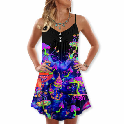 Hippie Mushroom Galaxy Neon Colorful Art - V-neck Sleeveless Cami Dress - Owl Ohh - Owl Ohh
