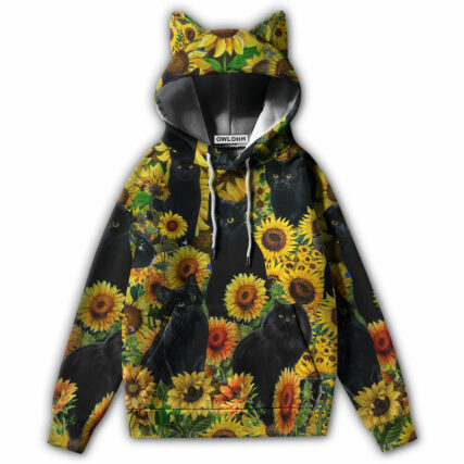 Black Cat Love Sunflower - Ears Hoodie - Owl Ohh - Owl Ohh