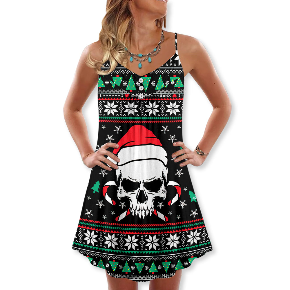 Christmas Skull Wearing Santa Claus Hat And Sweat Candy - V-neck Sleeveless Cami Dress - Owl Ohh - Owl Ohh