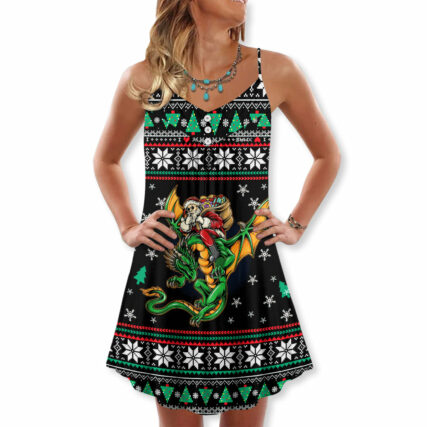 Christmas Santa Claus With Dragon - V-neck Sleeveless Cami Dress - Owl Ohh - Owl Ohh
