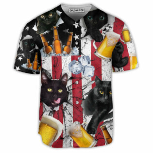 Beer And Black Cat American Flag Vintage - Baseball Jersey - Owl Ohh - Owl Ohh