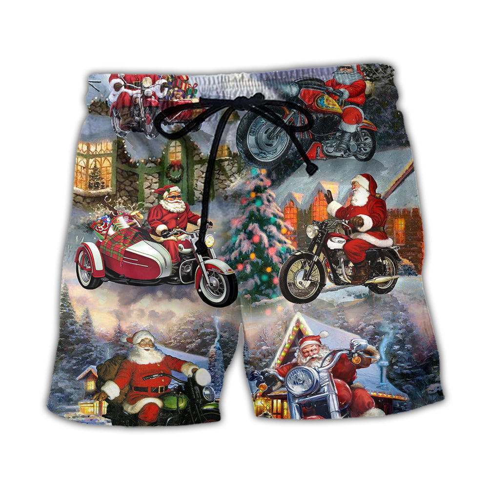 Christmas Santa Claus Driving Motorcycle Bike Gift Light Art Style - Beach Short - Owl Ohh - Owl Ohh
