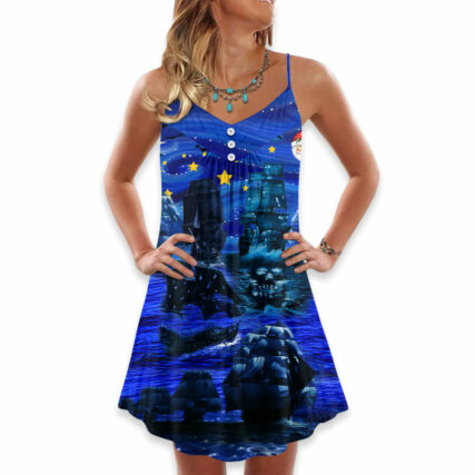 Pirate Ship Under The Romantic Moonlight Christmas - V-neck Sleeveless Cami Dress - Owl Ohh - Owl Ohh