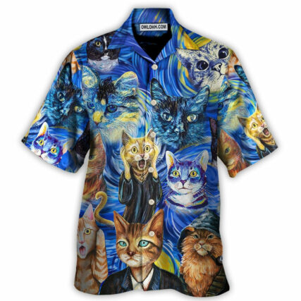 Cat Starry Night Funny Cat Painting Art Style - Hawaiian Shirt - Owl Ohh - Owl Ohh