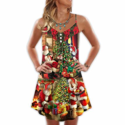 Christmas Santa Claus Story Gift For Xmas Painting Style - V-neck Sleeveless Cami Dress - Owl Ohh - Owl Ohh