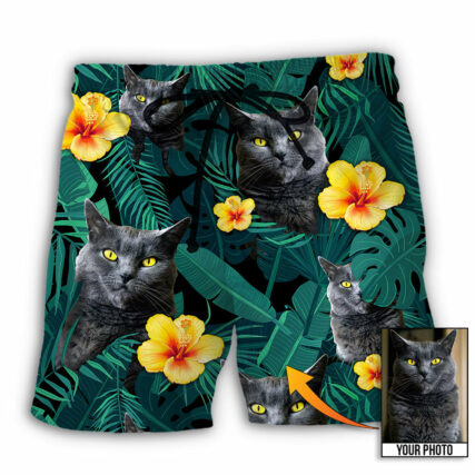 Black Cat Green Tropical Custom Photo - Beach Short - Owl Ohh - Owl Ohh