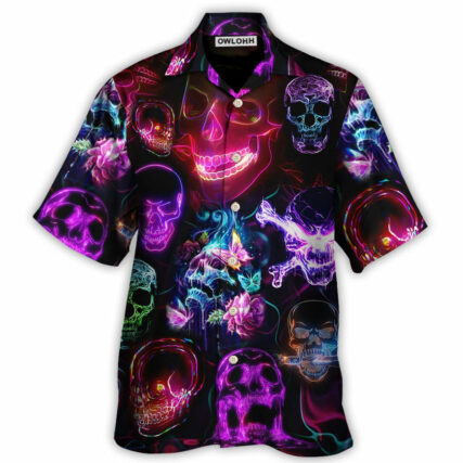 Skull Neon Art Happy Holiday - Hawaiian Shirt - Owl Ohh for men and women, kids - Owl Ohh