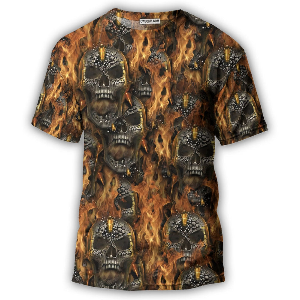 Skull Bullet Head Shot Fire - Round Neck T-shirt - Owl Ohh - Owl Ohh
