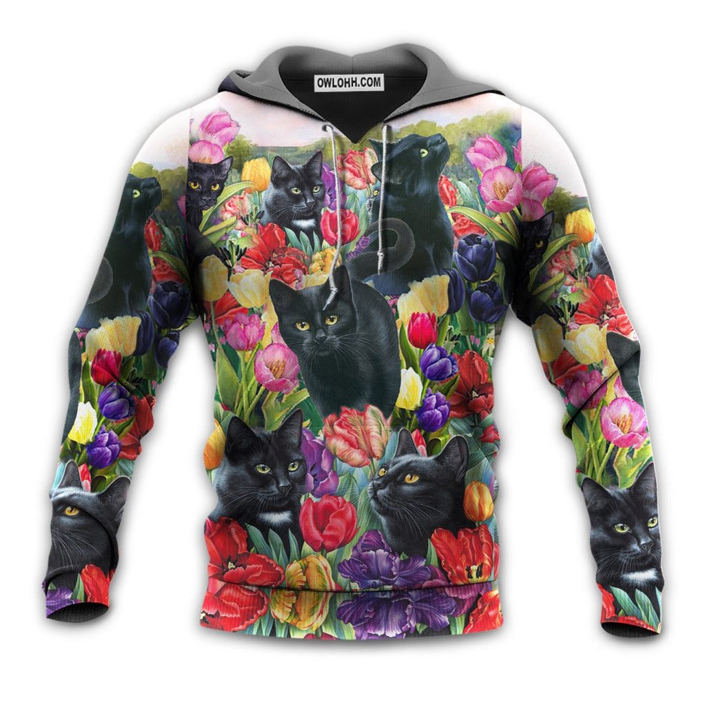 Black Cat Love Flowers Colorful - Hoodie - Owl Ohh - Owl Ohh