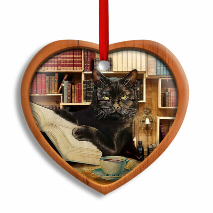 Christmas Black Cat Lover Book Library Xmas Light Decor Tree Hanging - Heart Ornament - Owl Ohh - Owl Ohh