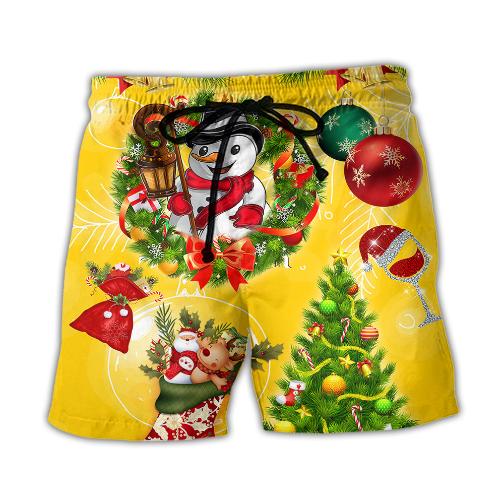 Christmas Funny Snowman Happy Christmas Tree Yellow Light - Beach Short - Owl Ohh - Owl Ohh