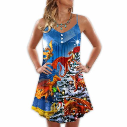 Christmas Dragon Family In Love Light Art Style - V-neck Sleeveless Cami Dress - Owl Ohh - Owl Ohh