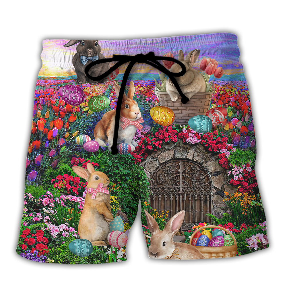 Easter Rabbit Chilling In The Flower Landscape Watercolor Style - Beach Short - Owl Ohh - Owl Ohh