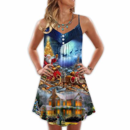Christmas Santa Claus Snowman Family In Love Light Art Style - V-neck Sleeveless Cami Dress - Owl Ohh - Owl Ohh