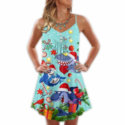 Christmas Funny Shark Love Christmas - V-neck Sleeveless Cami Dress - Owl Ohh - Owl Ohh