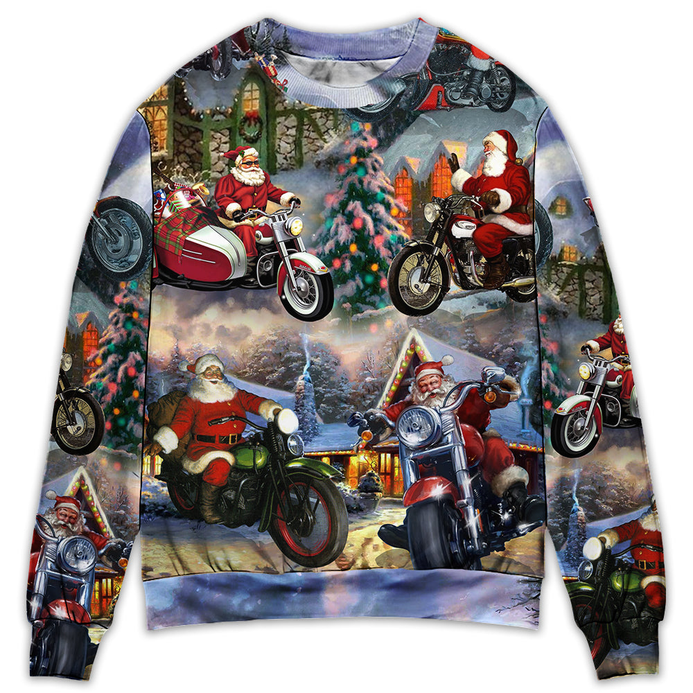 Christmas Santa Claus Driving Motorcycle Bike Gift Light Art Style - Sweater - Ugly Christmas Sweaters - Owl Ohh - Owl Ohh