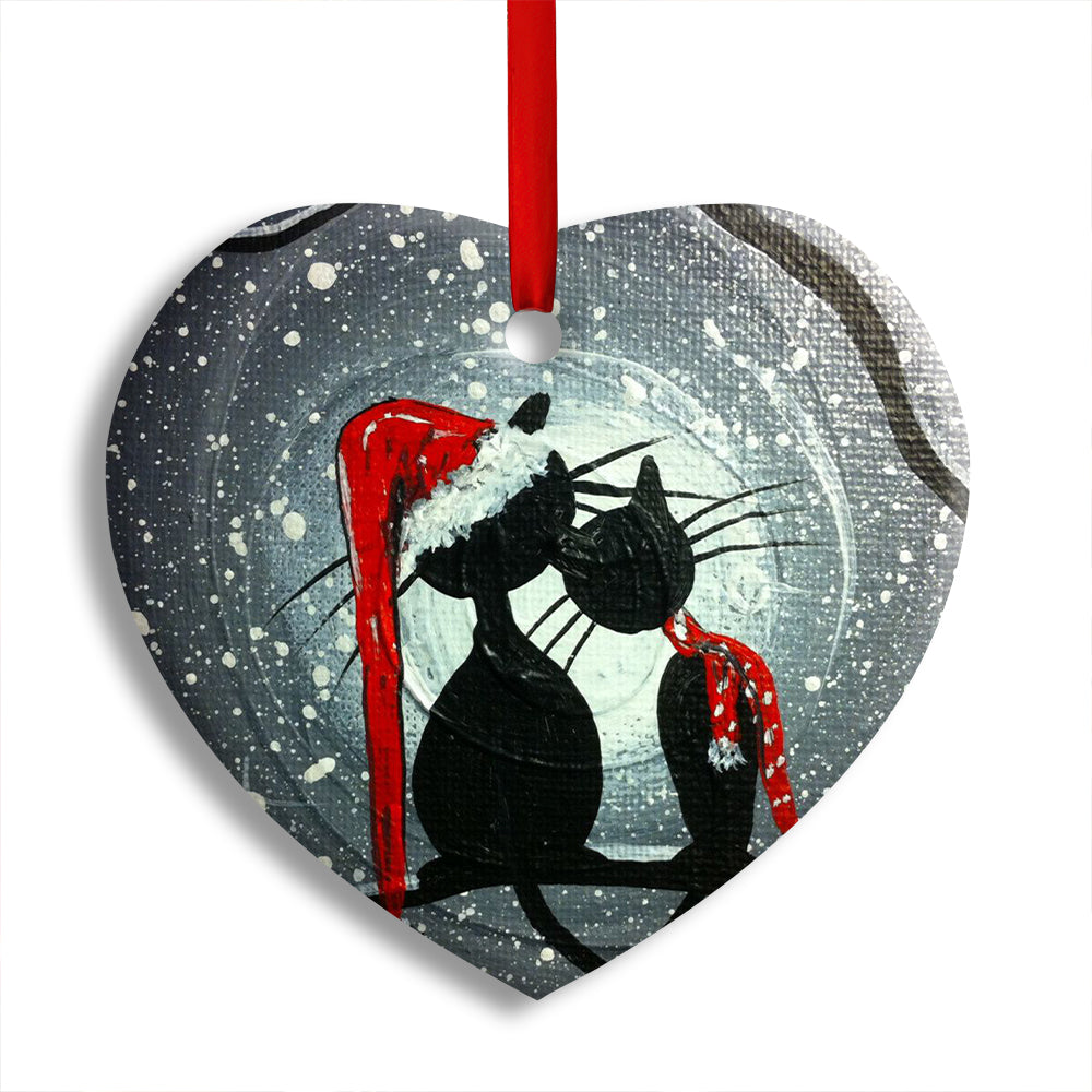 Christmas Cat Couple Lover With Moon - Heart Ornament - Owl Ohh - Owl Ohh
