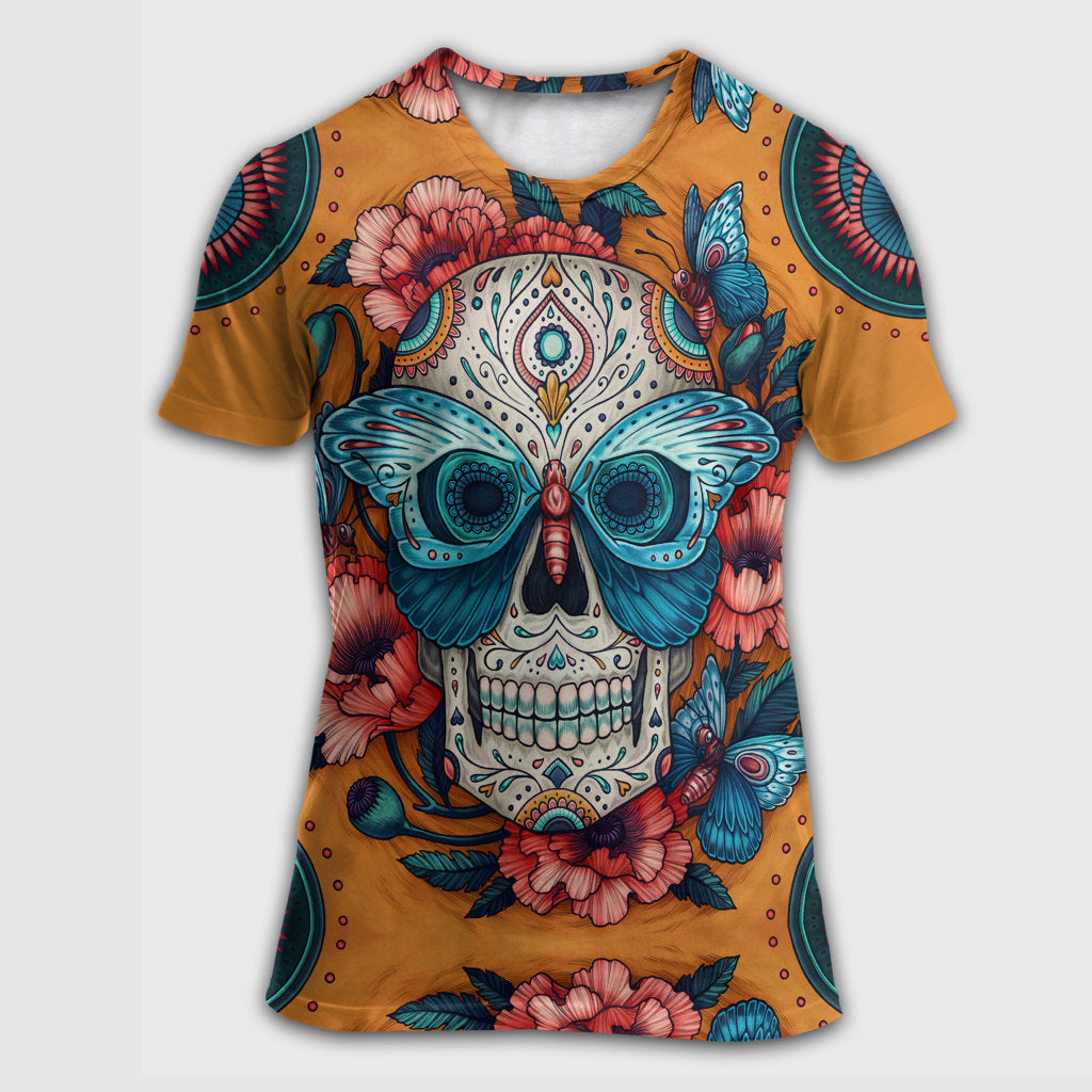Skull And Butterfly Abstract Vintage Colorful - Round Neck T-shirt - Owl Ohh - Owl Ohh