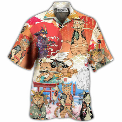 Samurai Cat Funny Art Japanese - Hawaiian Shirt - Owl Ohh - Owl Ohh