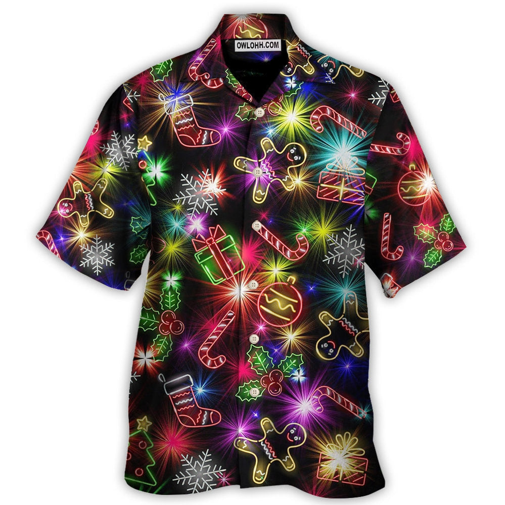 Christmas With Tree And Gift Cookies Gingerbread Man Neon Style - Hawaiian Shirt - Owl Ohh for men and women, kids - Owl Ohh