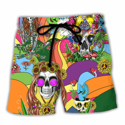 Hippie Skull Peace Life Color So Funny - Beach Short - Owl Ohh - Owl Ohh