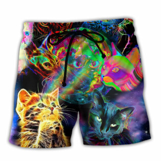 Cat Psychedelic Glowing Galaxy Neon - Beach Short - Owl Ohh - Owl Ohh