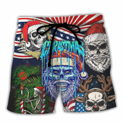 Skull Christmas US Flag Skeleton Horror Merry Christmas - Beach Short - Owl Ohh - Owl Ohh