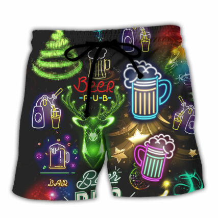Beer Christmas Neon Art Drinking - Beach Short - Owl Ohh - Owl Ohh