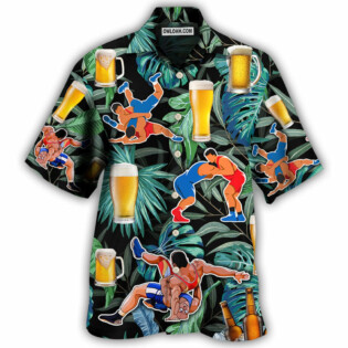 Beer And Wrestling Tropical Pattern - Hawaiian Shirt - Owl Ohh - Owl Ohh