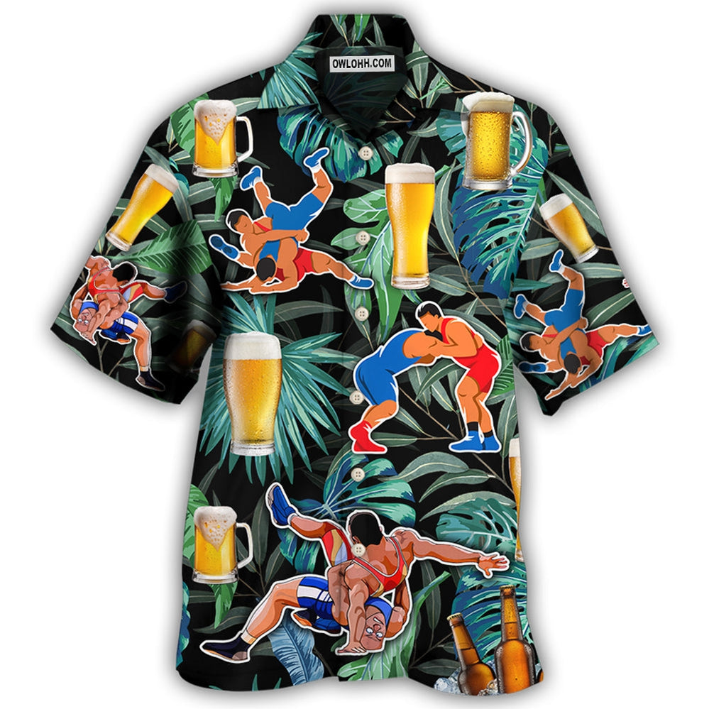 Beer And Wrestling Tropical Pattern - Hawaiian Shirt - Owl Ohh - Owl Ohh