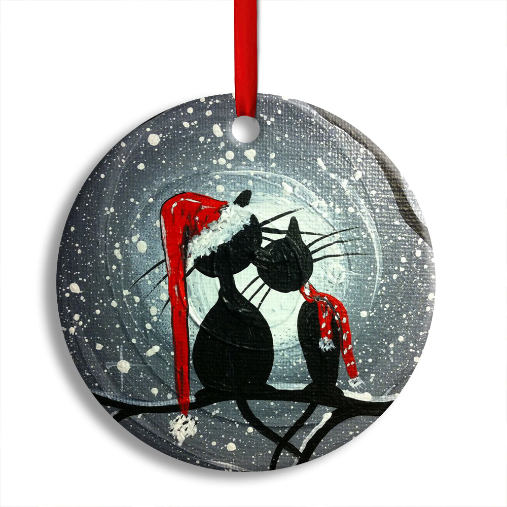 Christmas Cat Couple Lover With Moon - Circle Ornament - Owl Ohh - Owl Ohh