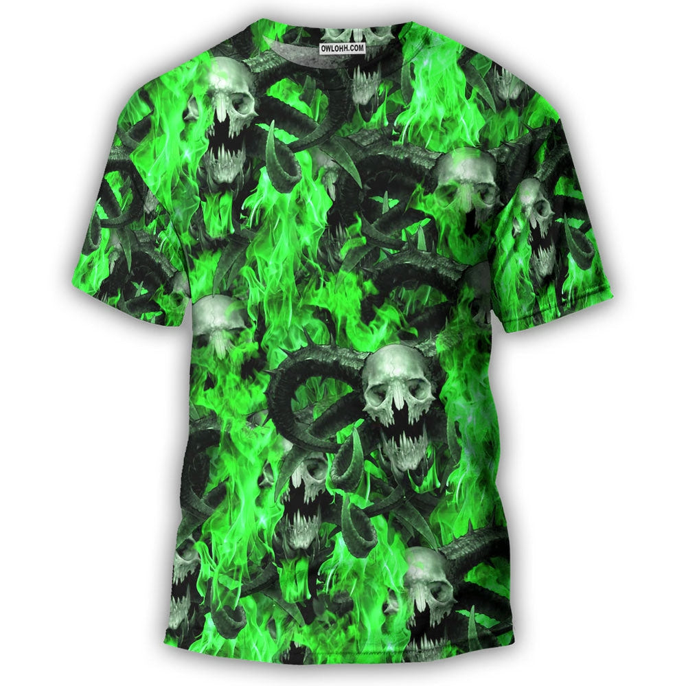 Skull Green Flame Burn - Round Neck T-shirt - Owl Ohh - Owl Ohh