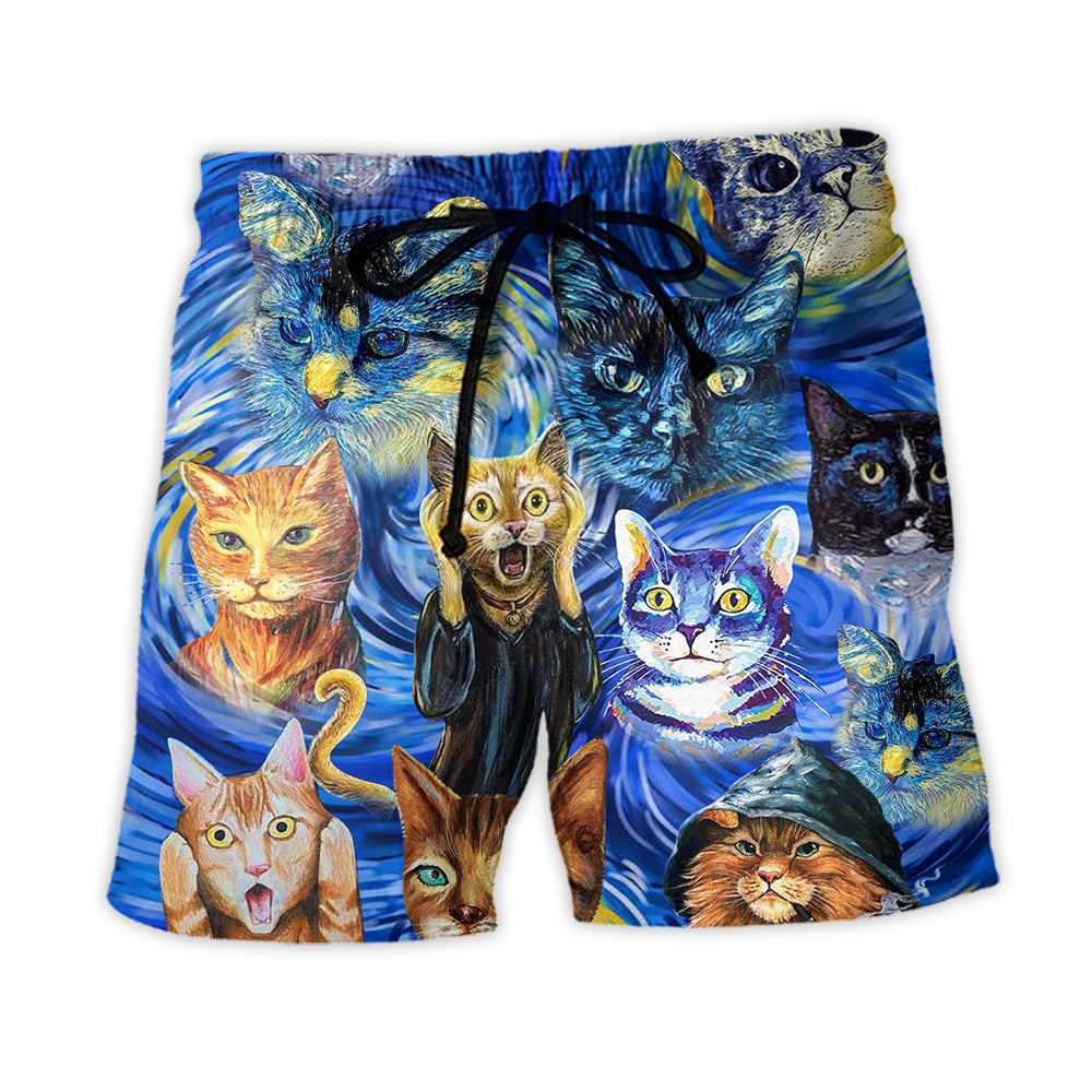 Cat Starry Night Funny Cat Painting Art Style - Beach Short - Owl Ohh - Owl Ohh
