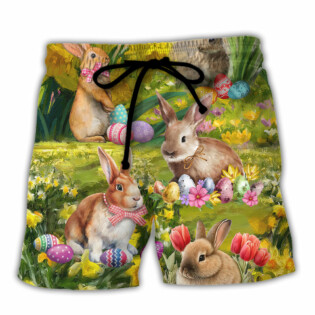 Easter Rabbit Chilling In The Flower Landscape Art Style - Beach Short - Owl Ohh - Owl Ohh