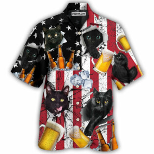 Beer And Black Cat American Flag Vintage - Hawaiian Shirt - Owl Ohh - Owl Ohh