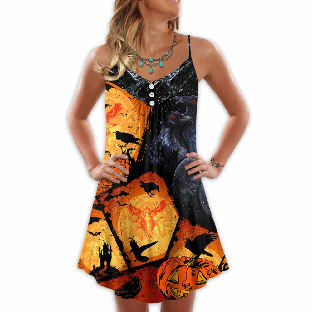 Halloween Raven Pumpkin Scary - V-neck Sleeveless Cami Dress - Owl Ohh - Owl Ohh
