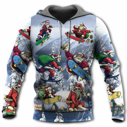 Christmas Santa Claus Skateboarding Snow Mountain Gift Light Art Style - Hoodie - Owl Ohh - Owl Ohh