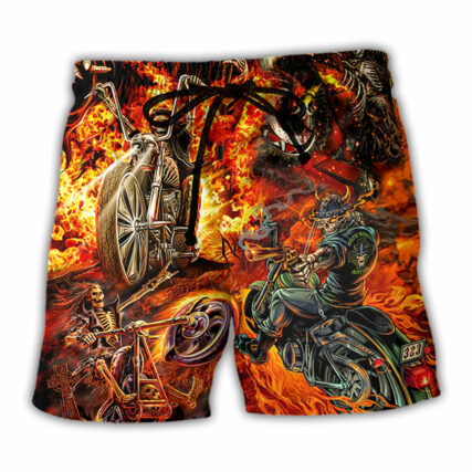 Motorcycle Lover Skull Fire Burning Art Style - Beach Short - Owl Ohh - Owl Ohh