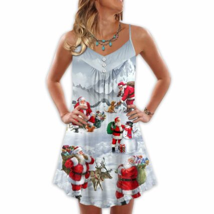 Christmas Santa Claus In The Snow Mountain Art Style - V-neck Sleeveless Cami Dress - Owl Ohh - Owl Ohh
