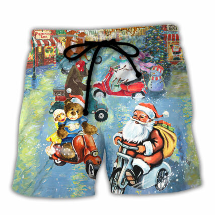 Christmas Santa And Animal Driving Scooter - Beach Short - Owl Ohh - Owl Ohh