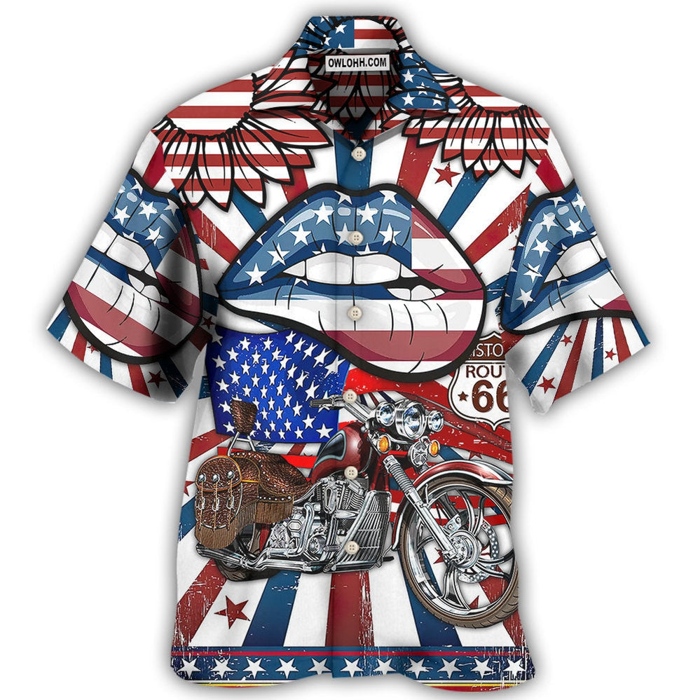 America Patriotic Motorcycle Sexy Lips - Hawaiian Shirt - Owl Ohh - Owl Ohh