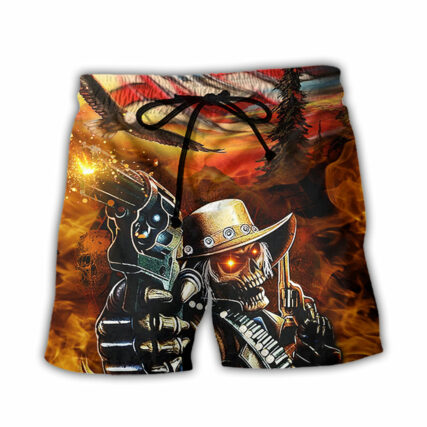 Skull Cowboy Shot Gun American Flag Vintage - Beach Short - Owl Ohh - Owl Ohh