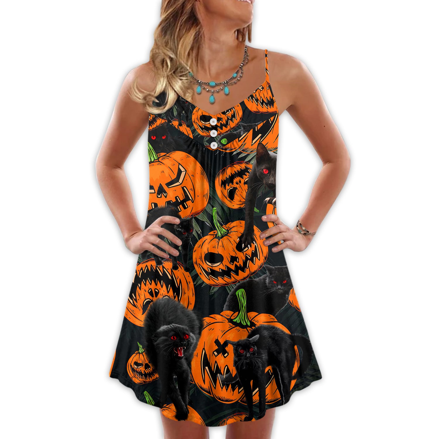 Halloween Black Cat Pumpkin Scary Tropical - V-neck Sleeveless Cami Dress - Owl Ohh - Owl Ohh